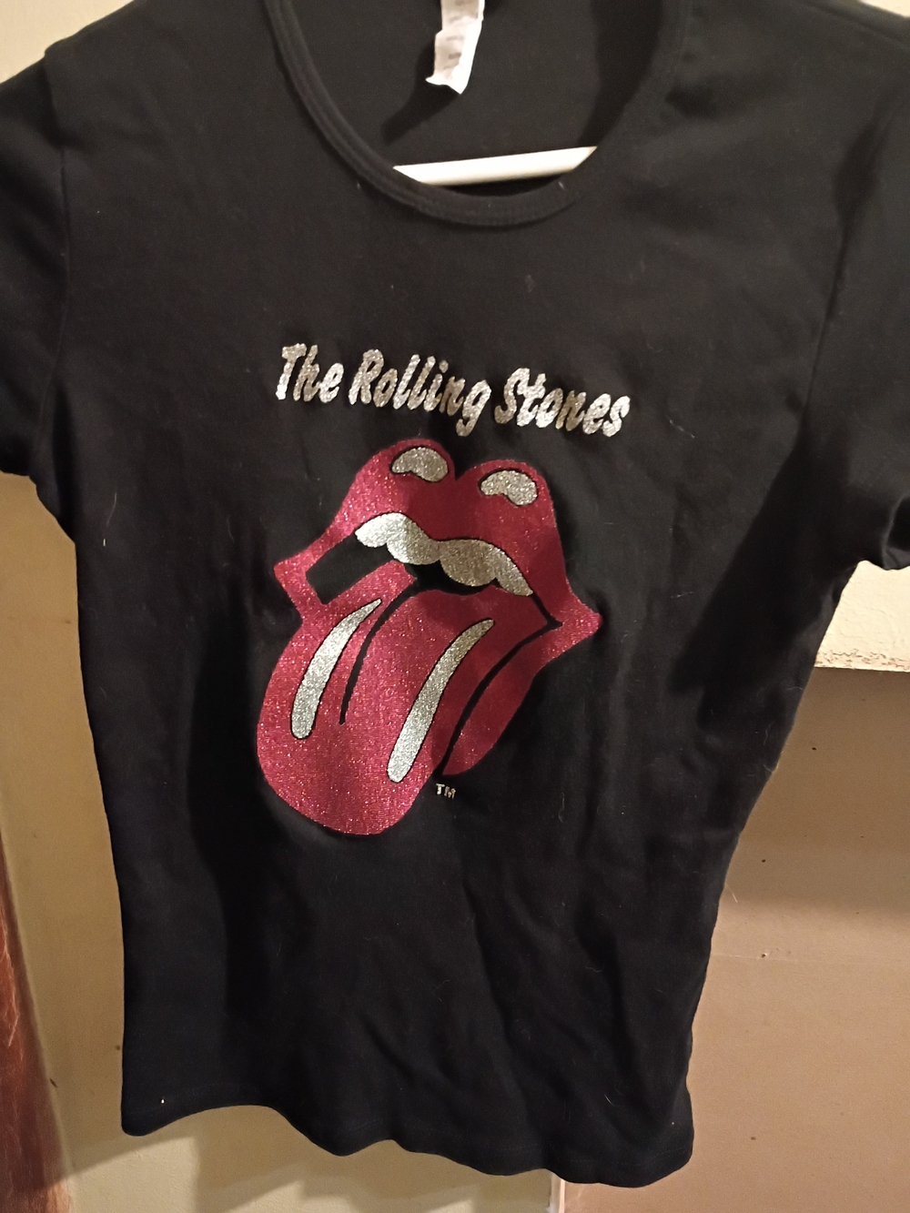 The Rolling Stones Black Crop Top with Pink & Silver Glitter Tongue